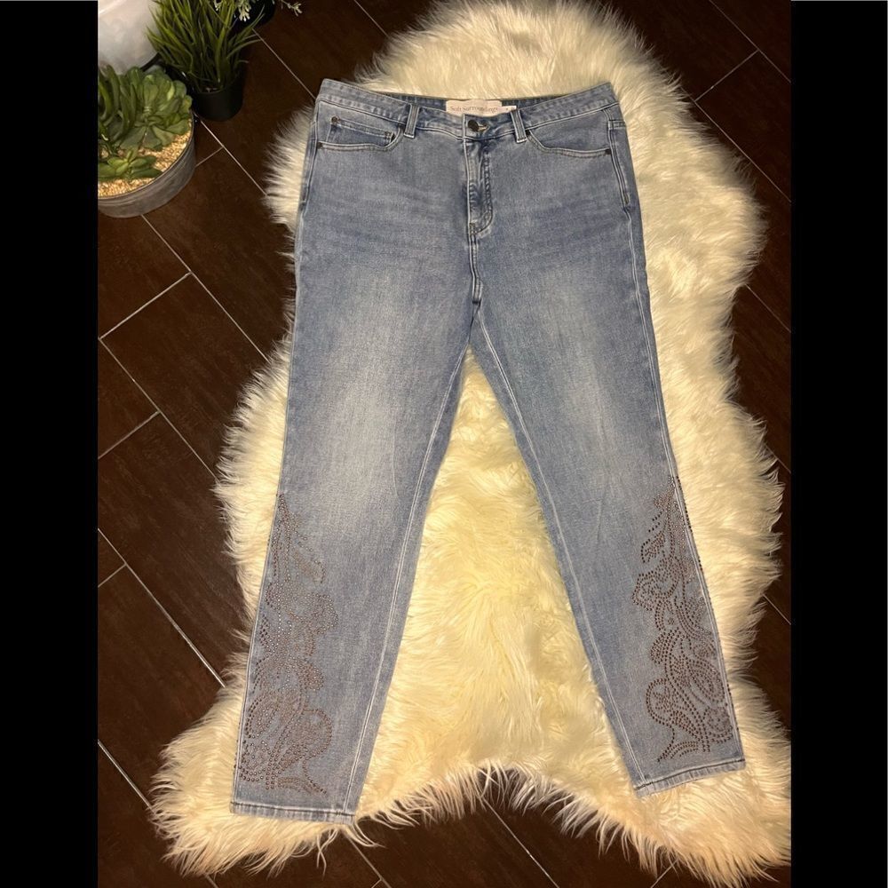 Soft surroundings stone washed bronze studded cropped denim sz 14